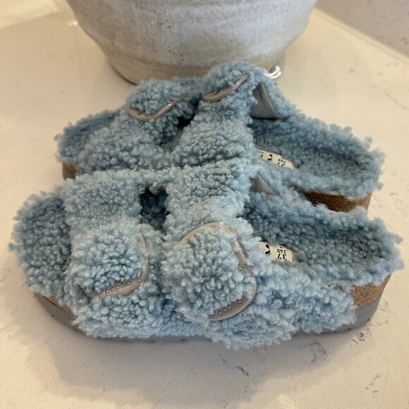 BIRKENSTOCK Arizona Big Buckle Genuine Shearling Slide Sandal in Faded Aqua - Picture 7 of 8